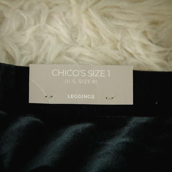 Chico's 1 Size Medium 8 Black Velvet Pull On Stretch Knit Leggings Pants NEW - Picture 3 of 7